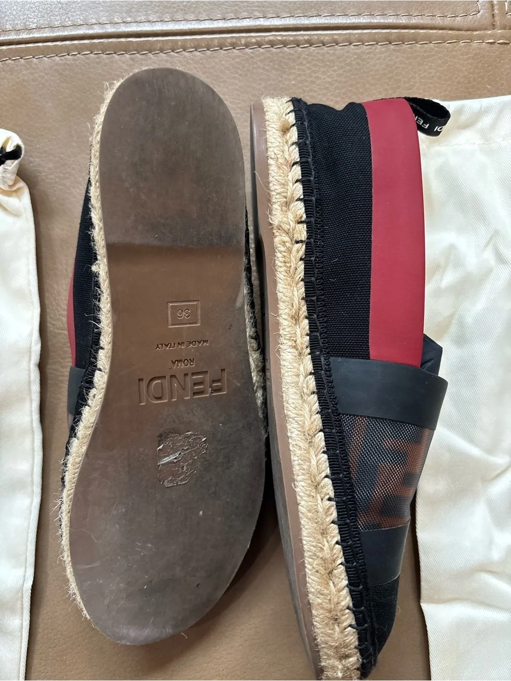Fendi Black and Red Logo-Panel Espadrille Flats size 36 6